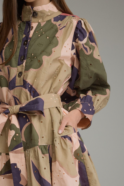 Eyelet Pattern Olive Combo Mini Dress Dresses in at Wrapsody