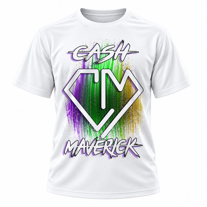 Decorative CM letter design on personalized graphic T-shirt, Mythic Airbrush design F051