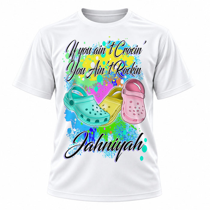 Personalized Croc Flip Flop T-Shirt, front-view T-shirt mockup featuring custom Air-Volution artwork by Mythic Airbrush