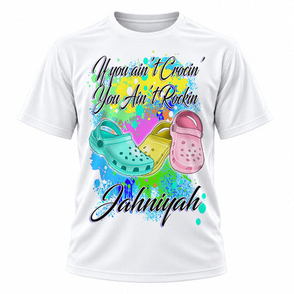 Personalized Croc Flip Flop T-Shirt, front-view T-shirt mockup featuring custom Air-Volution artwork by Mythic Airbrush