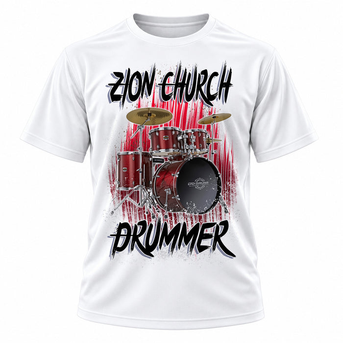 Personalized Drum Set Music T-Shirt, front-view T-shirt mockup featuring custom Air-Volution artwork by Mythic Airbrush
