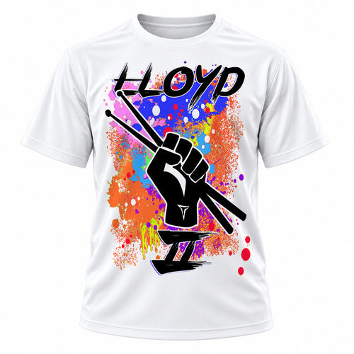 Personalized Drum Sticks Music T-Shirt, front-view T-shirt mockup featuring custom Air-Volution artwork by Mythic Airbrush