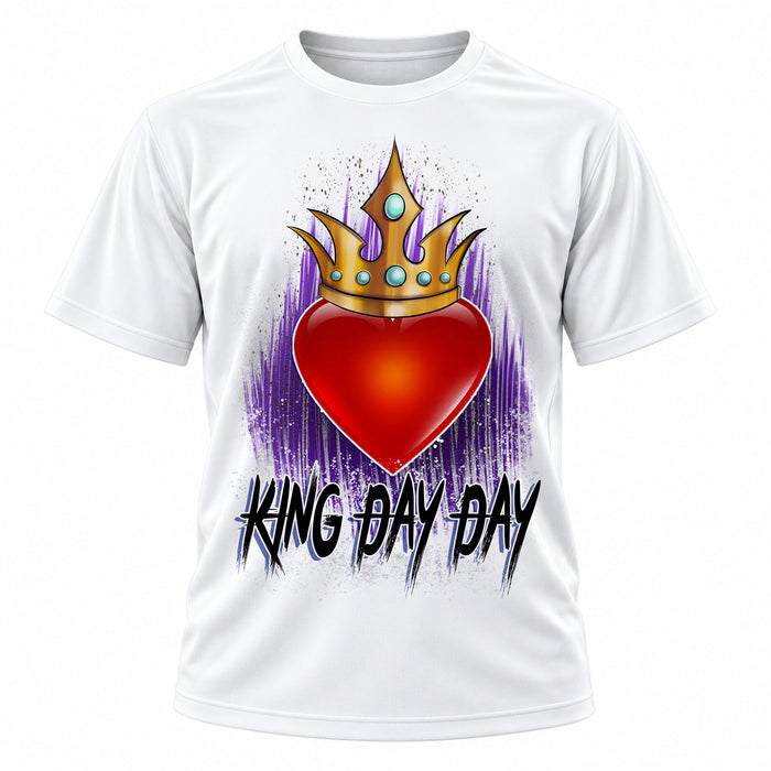 Personalized Heart Crown King Queen T-Shirt, front-view T-shirt mockup featuring custom Air-Volution artwork by Mythic Airbrush