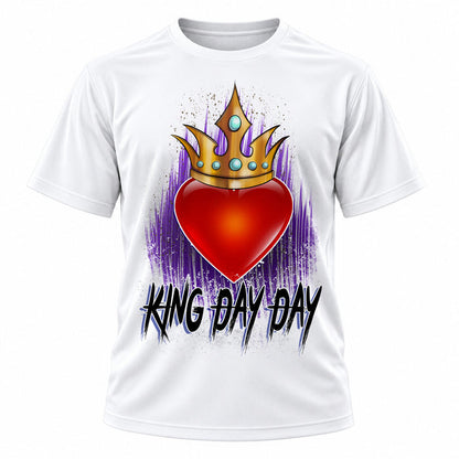 Personalized Heart Crown King Queen T-Shirt, front-view T-shirt mockup featuring custom Air-Volution artwork by Mythic Airbrush