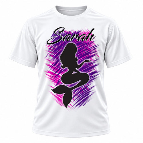 Mermaid silhouette illustration on personalized graphic T-shirt, Mythic Airbrush design F061