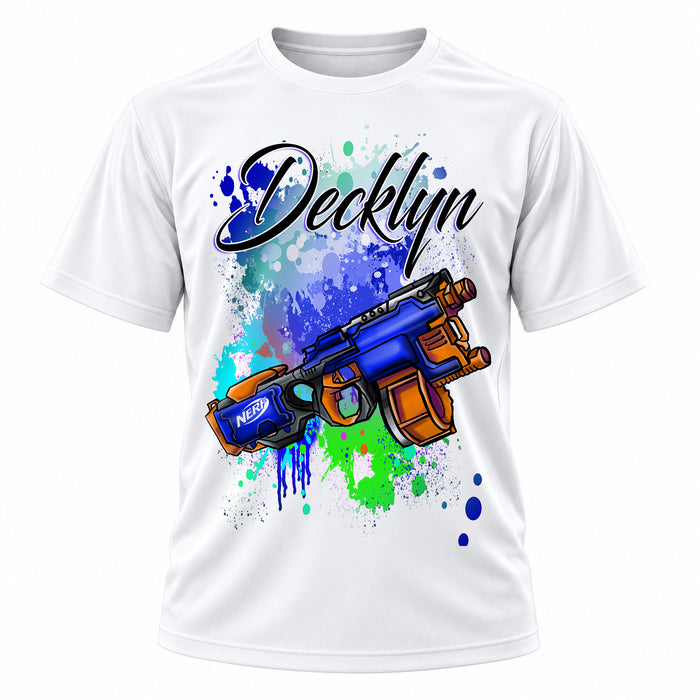 Personalized Toy Water Gun T-Shirt, front-view T-shirt mockup featuring custom Air-Volution artwork by Mythic Airbrush