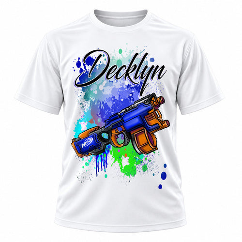 Personalized Toy Water Gun T-Shirt, front-view T-shirt mockup featuring custom Air-Volution artwork by Mythic Airbrush