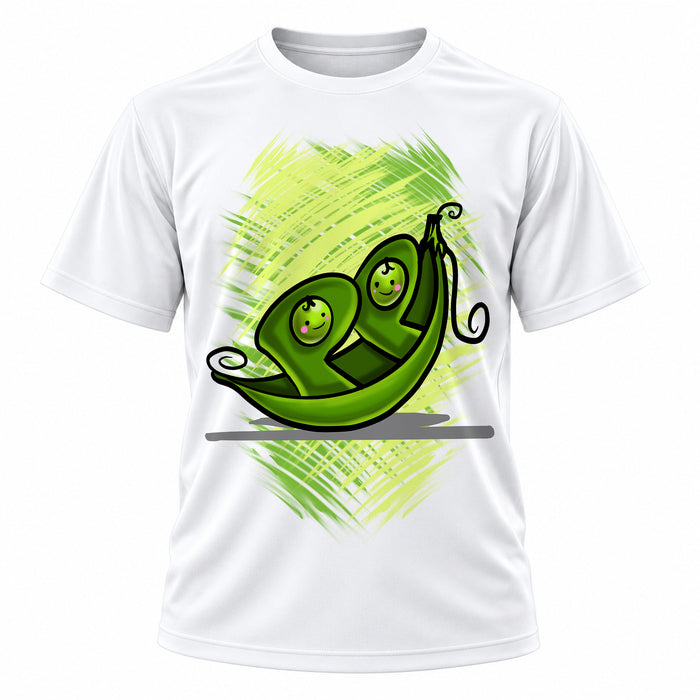 Personalized Two Peas in a Pod Girl T-Shirt, front-view T-shirt mockup featuring custom Air-Volution artwork by Mythic Airbrush