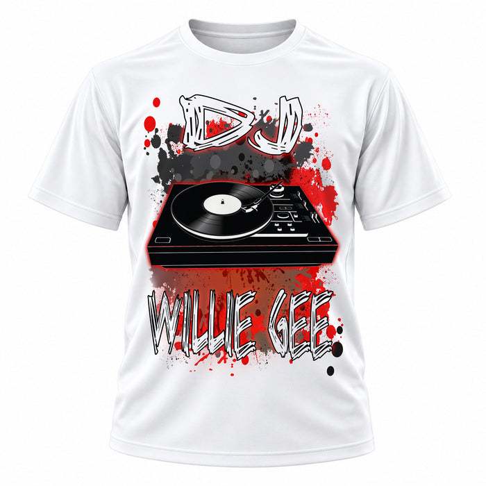 Personalized DJ Record Mixer T-Shirt, front-view T-shirt mockup featuring custom Air-Volution artwork by Mythic Airbrush