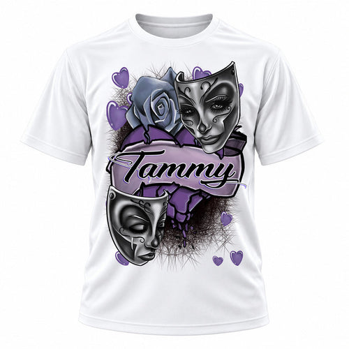 Personalized Drama faces T-Shirt, front-view T-shirt mockup featuring custom Air-Volution artwork by Mythic Airbrush