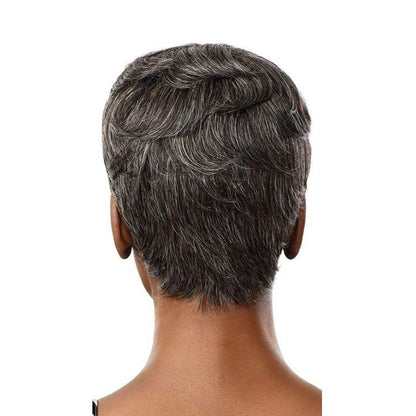 OUTRE gray human hair wig short layered pixie style shown from back on model showcasing texture