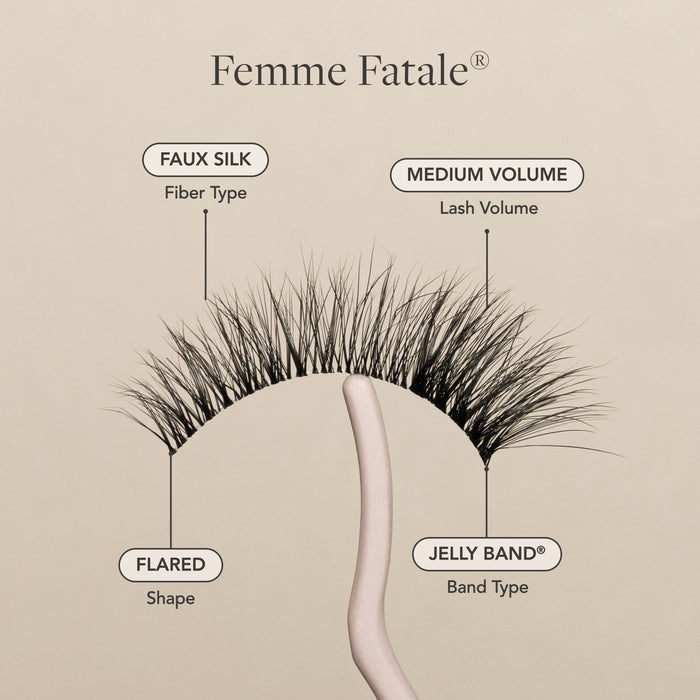 Femme Fatale false eyelashes, faux silk fibers, medium volume, flared shape, and Jelly Band.
