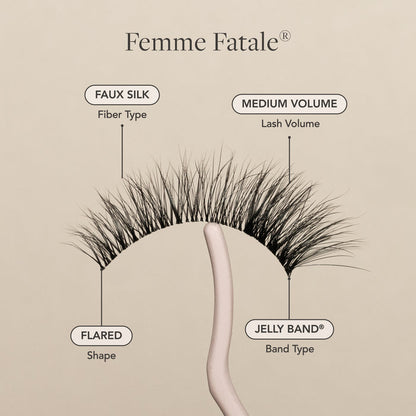 Femme Fatale false eyelashes, faux silk fibers, medium volume, flared shape, and Jelly Band.
