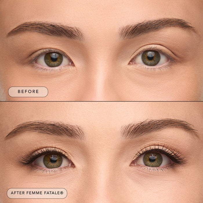 Before and after a model wearing Femme Fatale lashes.