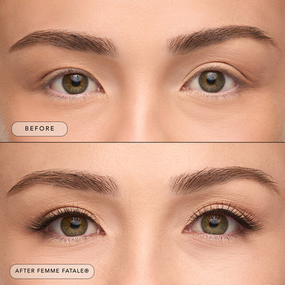 Before and after a model wearing Femme Fatale lashes.