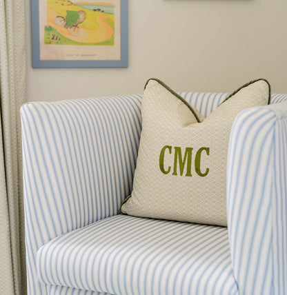 Loomi Moss pillow with green monogram and trim on textured cream fabric, made-to-order, short lead times, manufactured in the USA