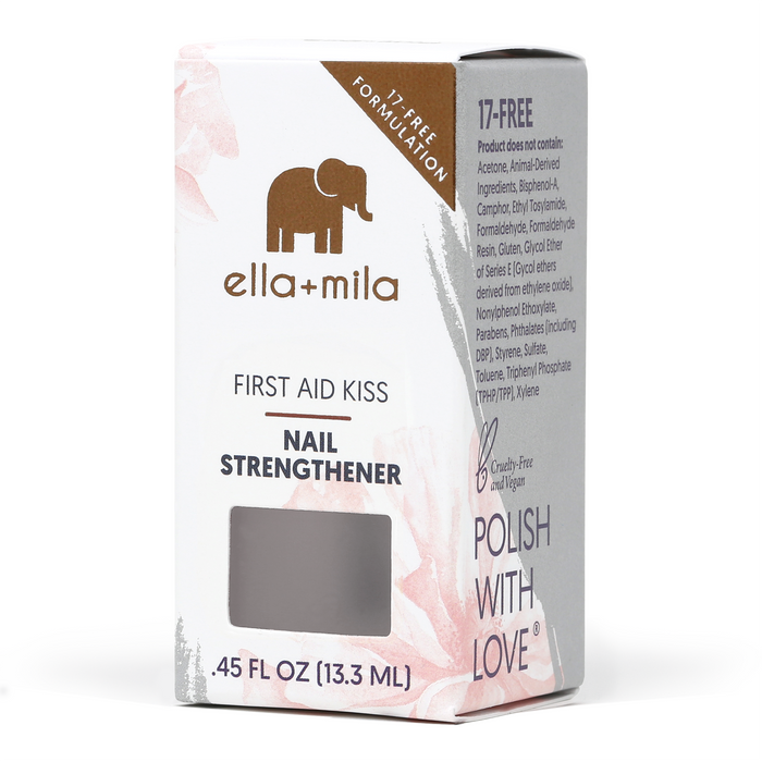 First Aid Kiss nail strengthener with its retail box, 0.45 fl oz