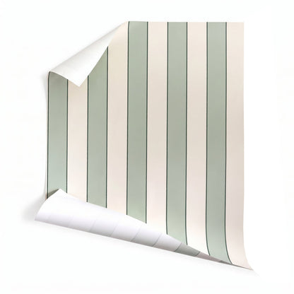 Florence Eucalyptus wallpaper with sage green and cream stripes, made-to-order in the USA with short lead times
