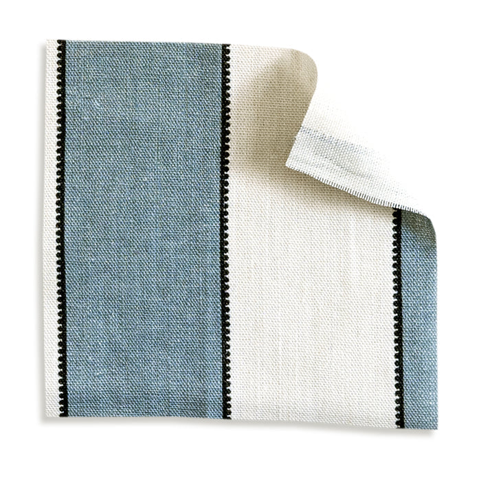 Florence Harbor fabric sample showing bold blue stripes with scalloped edges for custom made-to-order Pepper Home curtains.