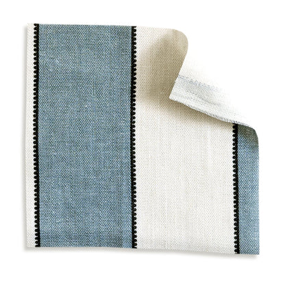 Florence Harbor fabric sample showing bold blue stripes with scalloped edges for custom made-to-order Pepper Home curtains.