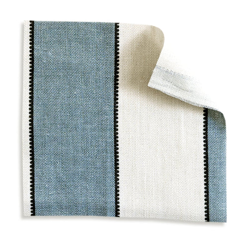 Florence Harbor fabric sample showing bold blue stripes with scalloped edges for custom made-to-order Pepper Home curtains.