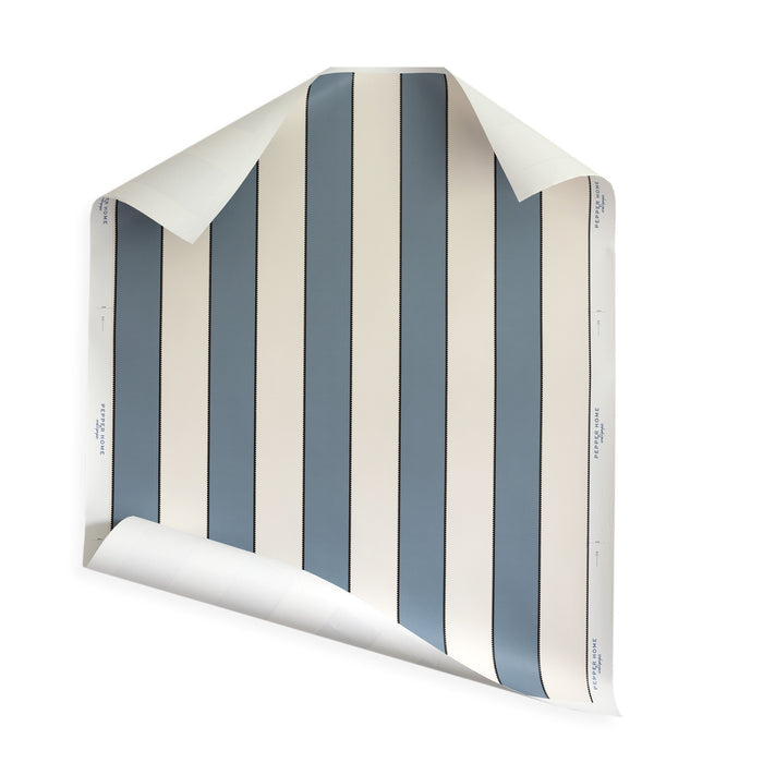 Florence Harbor custom curtain fabric with bold blue stripes and a delicate scalloped edge for a tailored, playful look.