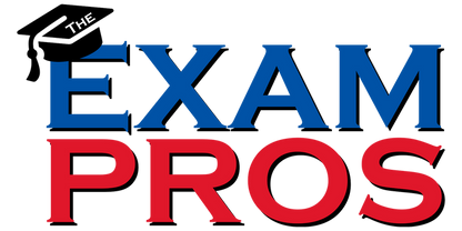Blue and red bold text logo reading "The Exam Pros" on transparent background