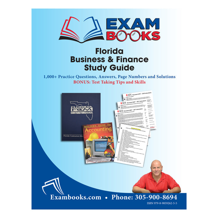 Cover of Florida Business & Finance Study Guide with practice questions, answers, and test-taking tips on a blue background
