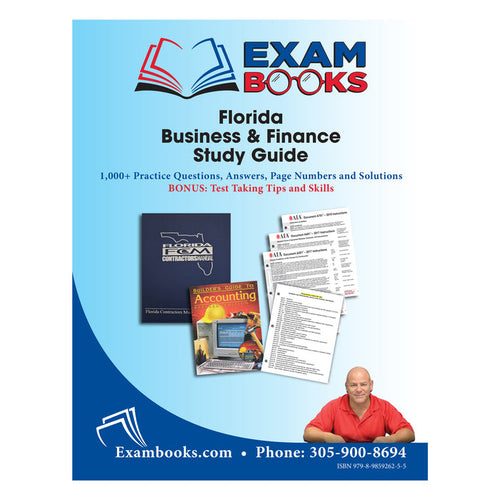 Cover of Florida Business & Finance Study Guide with practice questions, answers, and test-taking tips on a blue background