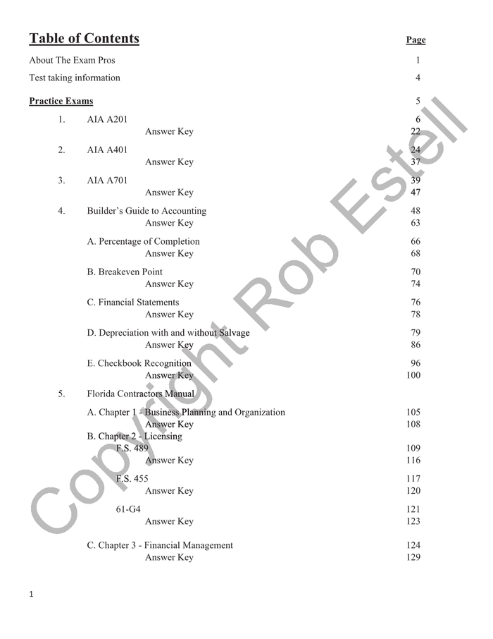 Table of contents page from a Business & Finance Study Guide showing practice exams and answer keys with page numbers