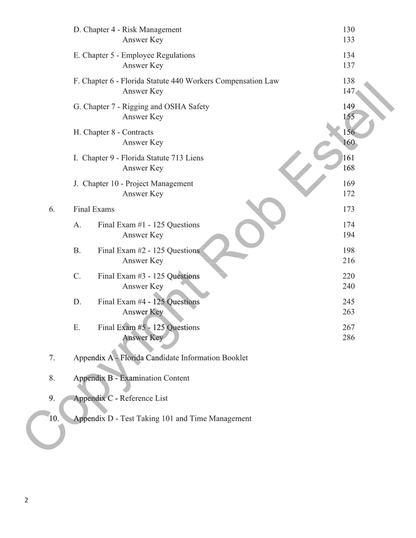Page from Business & Finance Study Guide showing final exams, answer keys, and appendices including candidate info and test tips