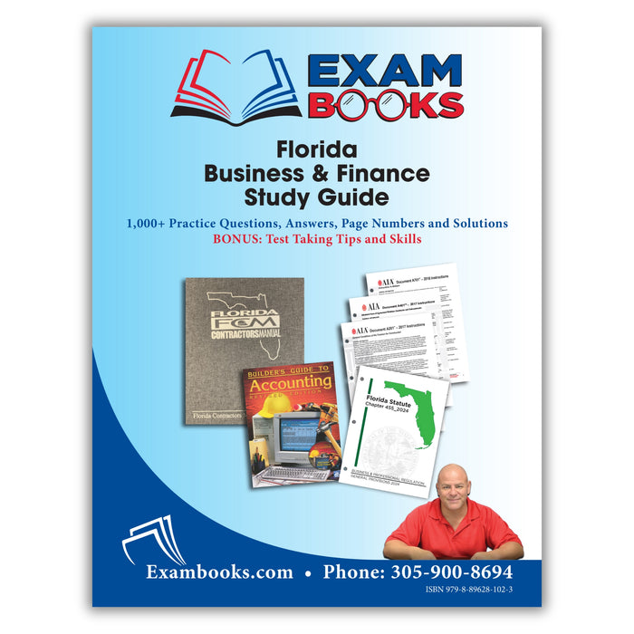 Cover of Florida Business & Finance Study Guide featuring practice questions, answers, test tips, and reference materials