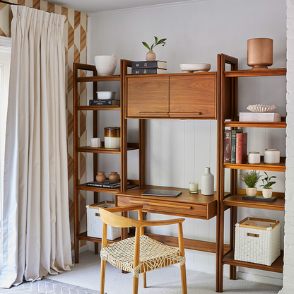 Flour curtains in a warm modern living room made to order in the USA with short lead times