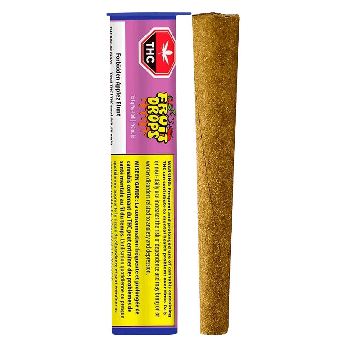 Vertical product shot showing a blunt beside its purple-and-yellow tube packaging labeled Forbidden Applez Blunt PR 1 x 1 g.