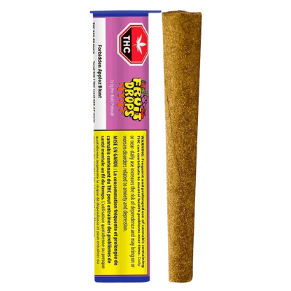 Vertical product shot showing a blunt beside its purple-and-yellow tube packaging labeled Forbidden Applez Blunt PR 1 x 1 g.