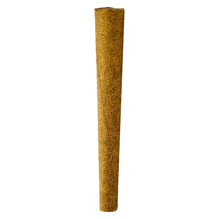 Vertical close-up of a single tapered blunted roll against a neutral background labeled Forbidden Applez Blunt PR 1 x 1 g