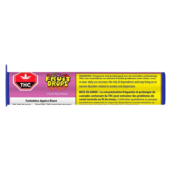 Long horizontal pack photo of the Forbidden Applez Blunt PR 1 x 1 g showing a pink and yellow wrapper with a Fruit Drops logo and THC warning box.