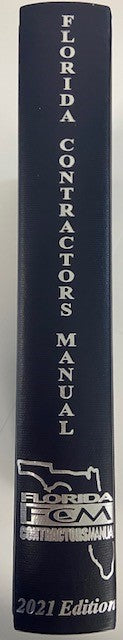 Spine of the 2021 Florida Contractors Manual with vertical white text and state outline on dark blue background