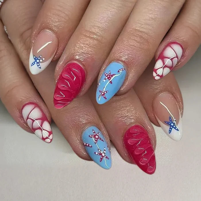 French Ombre Starfish-Nail Tips 24 Pieces High-Gloss Water Drop Design for Women
