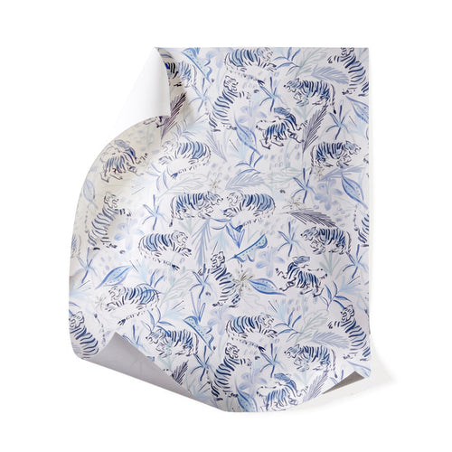 Frida Blue wallpaper with blue tiger and botanical pattern made to order in the USA with short lead times