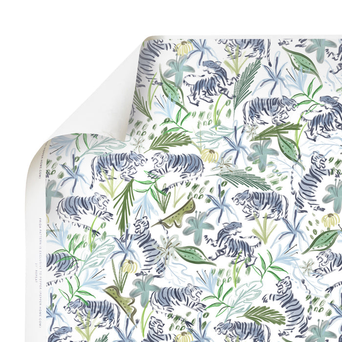 Frida Green made-to-order wallpaper with green and blue tropical leaves and tiger design, manufactured in the USA quickly