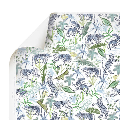 Frida Green made-to-order wallpaper with green and blue tropical leaves and tiger design, manufactured in the USA quickly