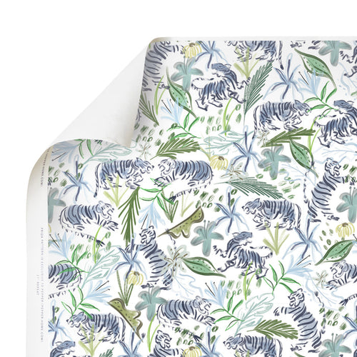 Frida Green made-to-order wallpaper with green and blue tropical leaves and tiger design, manufactured in the USA quickly
