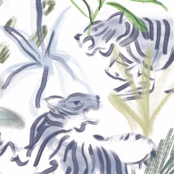 Frida Green wallpaper featuring hand-painted blue and green tigers with botanical accents, made-to-order, short lead times, USA made