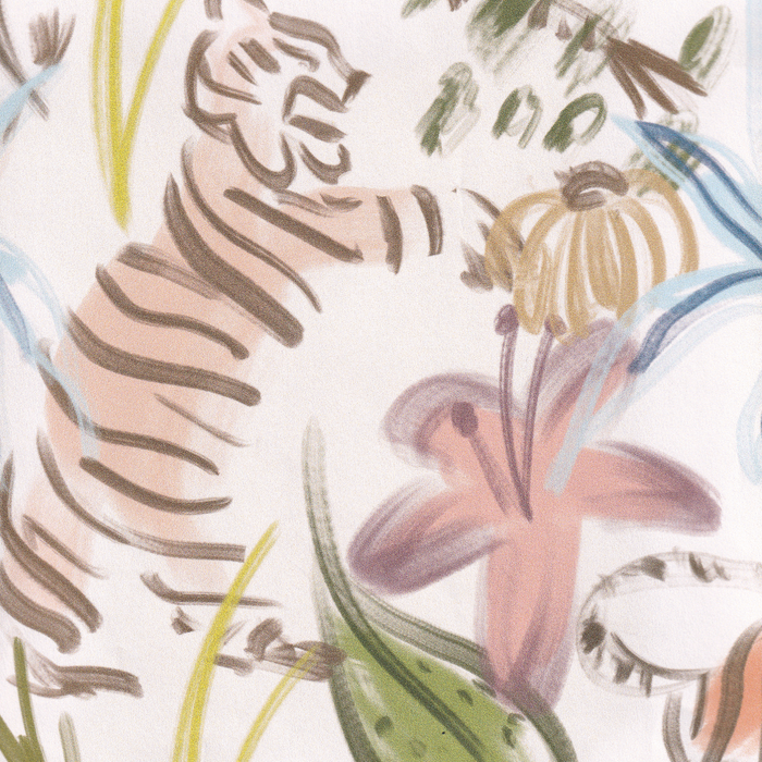 Frida Pink made-to-order wallpaper with soft pink tiger and botanical design, manufactured in the USA with short lead times
