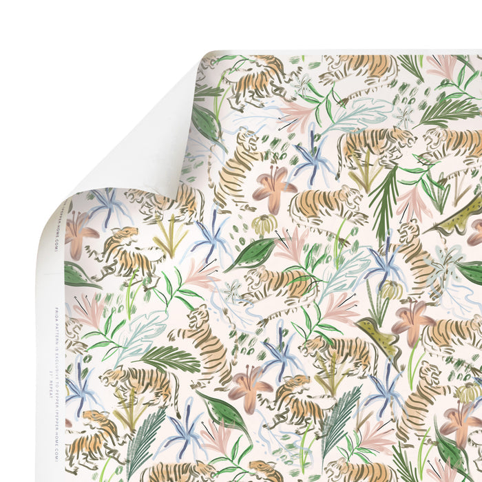 Frida Pink made-to-order wallpaper with hand-painted tigers and tropical flora, crafted in the USA with short lead times