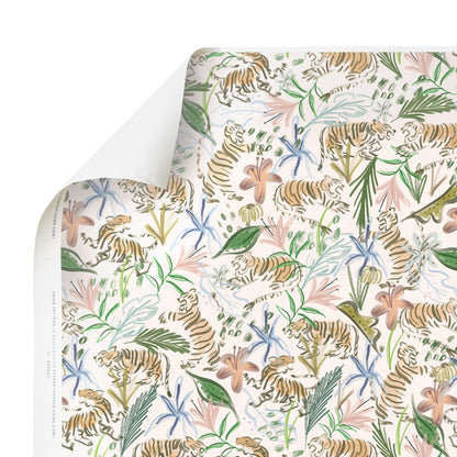 Frida Pink made-to-order wallpaper with hand-painted tigers and tropical flora, crafted in the USA with short lead times