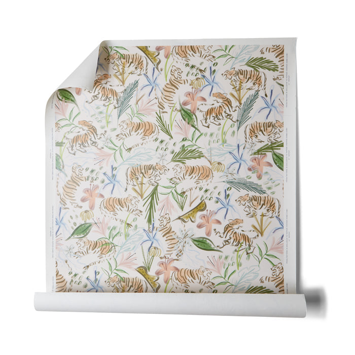 Frida Pink made-to-order wallpaper with soft pink tiger and botanical pattern, manufactured in the USA, short lead times
