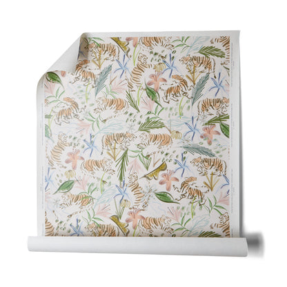 Frida Pink made-to-order wallpaper with soft pink tiger and botanical pattern, manufactured in the USA, short lead times
