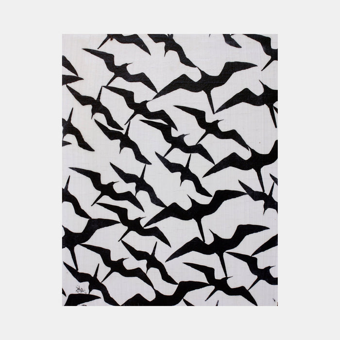 The artwork 'Frigate' by Aaron Hillebrand features a striking black and white pattern of abstract bird-like shapes in flight, arranged in a dynamic diagonal composition. Bold black silhouettes contrast against a white background, creating a rhythmic pattern reminiscent of migrating birds. Mixed media on wood panel creates textural depth and movement in this minimalist design.